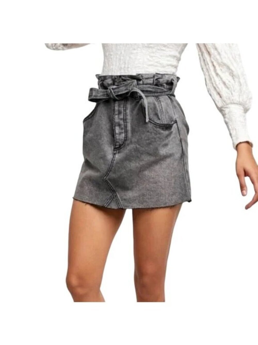 Free People East of Eden Black Denim Belted Mini Skirt - Picture 3 of 11